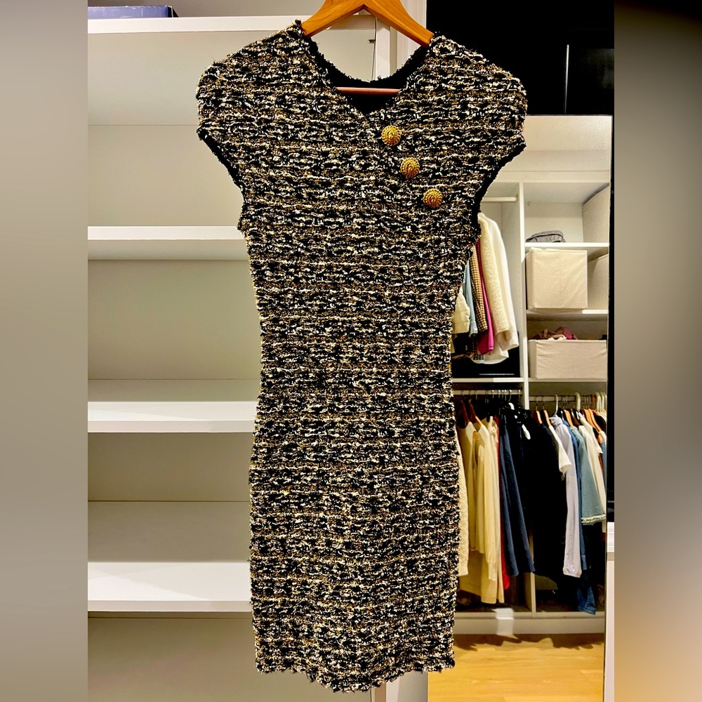 Balmain Black and Gold Tweed Mini Dress